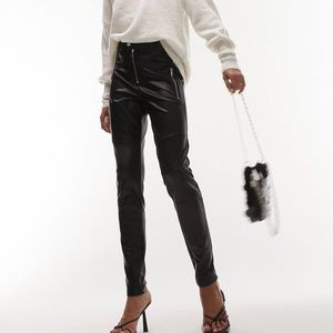 Topshop Faux Leather Black Moto Skinny Pants with Zipper Detail | EUC Size 12